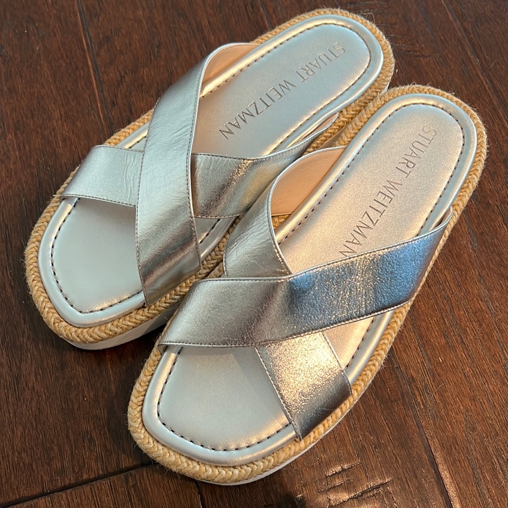 Stuart Weitzman Silver Cross Leather Sandals